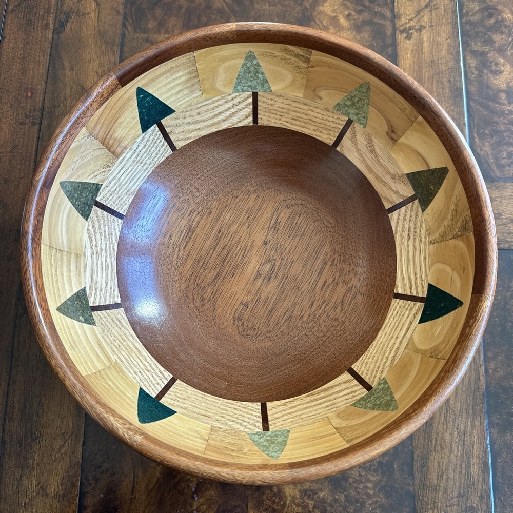 Tom Raymond‎ Hand Crafted Wood Bowl #751 Signed 9.5 Inch Inlay Tree Arrow Design